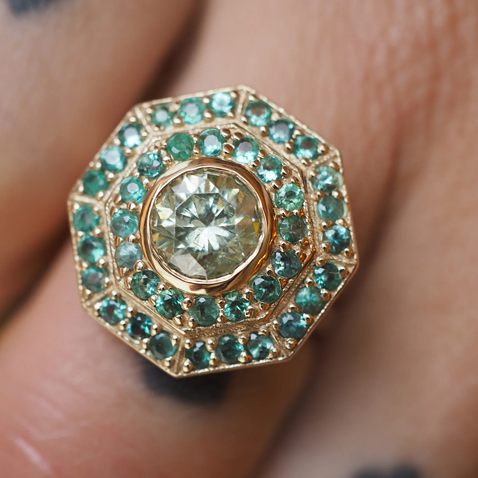 1.5ct Teal Moissanite & Emerald Target Ring - Image 2