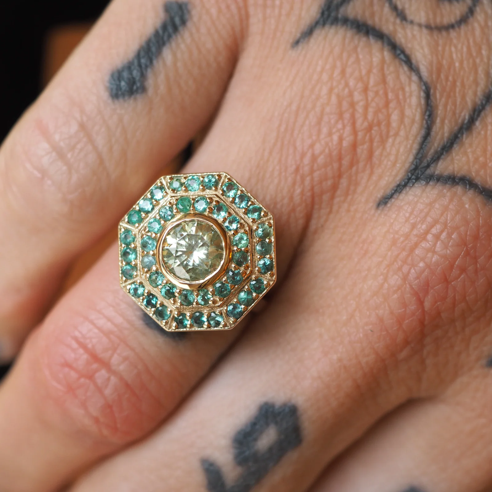 1.5ct Teal Moissanite & Emerald Target Ring - Image 3