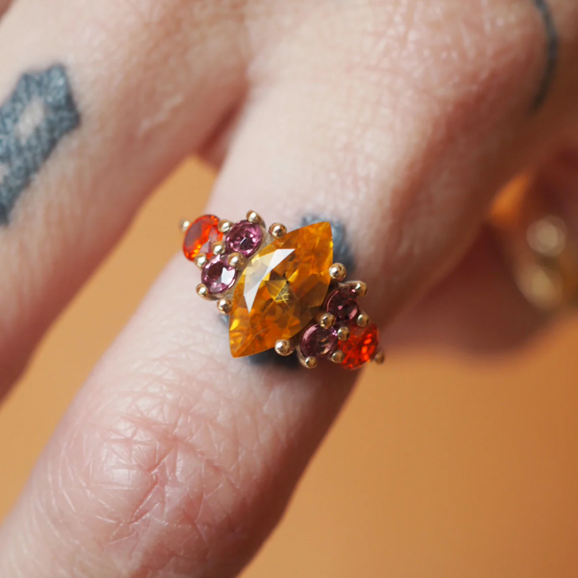 Marquise Citrine, Rhodolite & Orange Sapphire Ring - Image 3