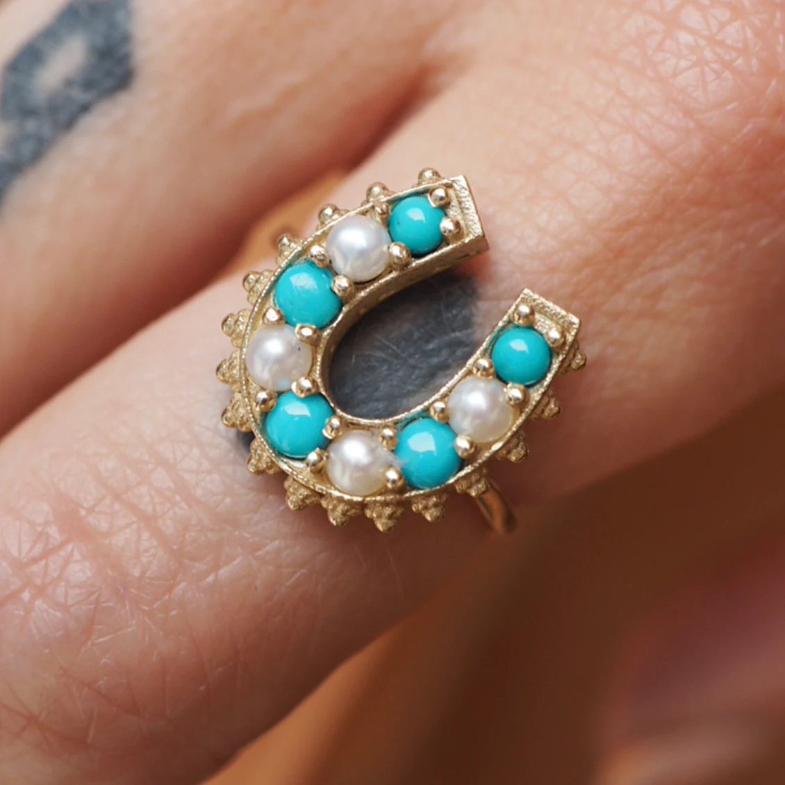 “Lucky Lady” Pearl & Turquoise Horseshoe Ring - Image 2