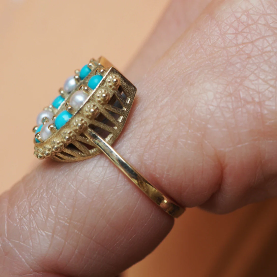 “Lucky Lady” Pearl & Turquoise Horseshoe Ring - Image 3